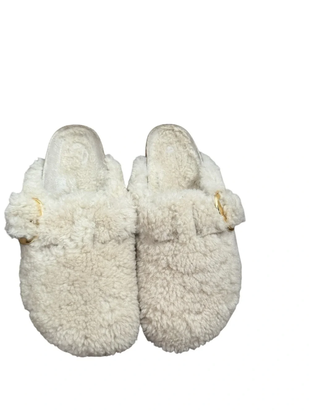 Birkenstock Boston Big Cream Shearling Clog Mule with Gold Buckle